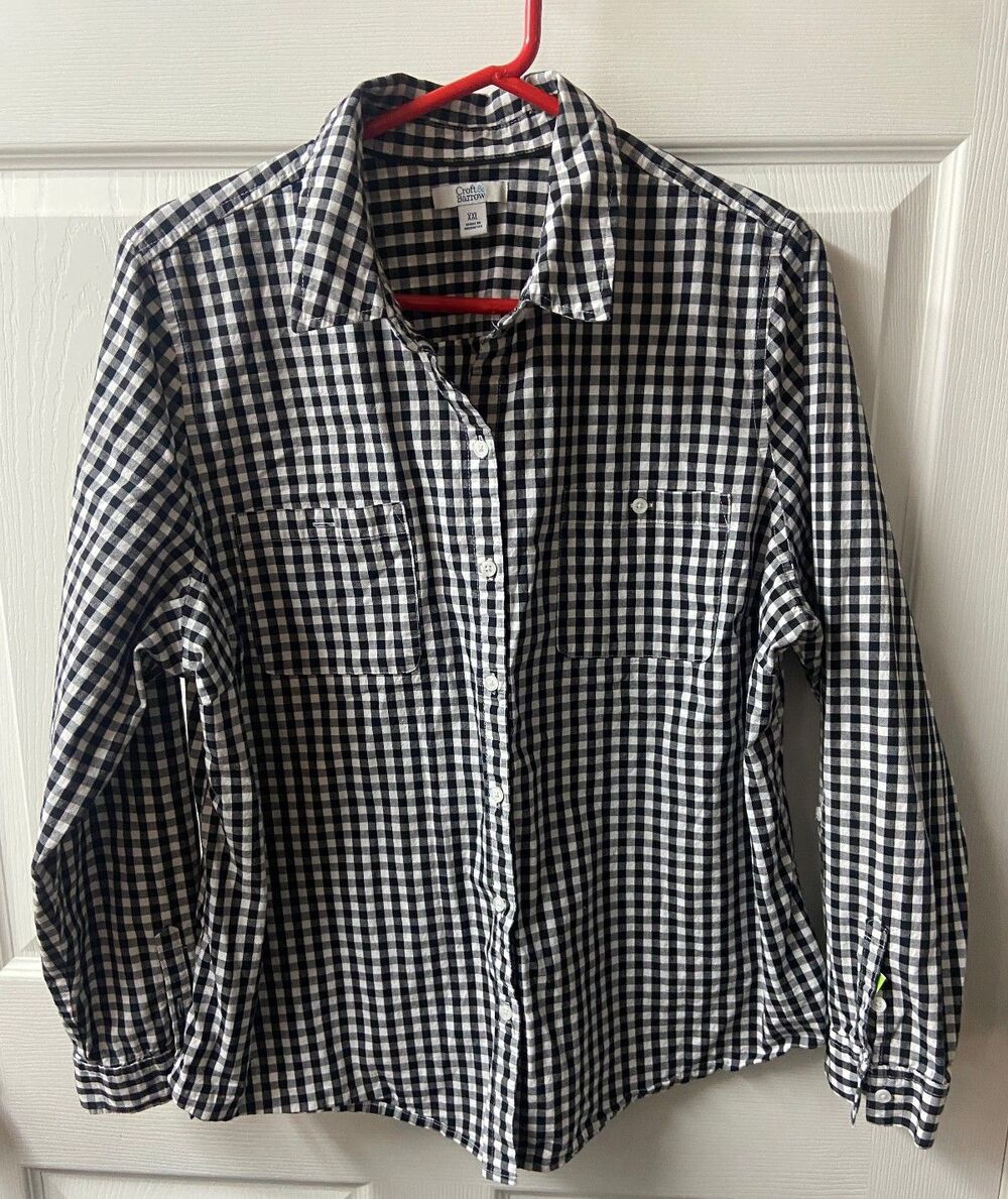 Croft & Barrow Blouse Womens XXL Black White Gingham Classic Office Stretch
